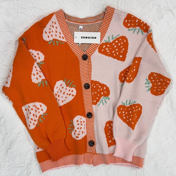 NWT Ecowish Orange Strawberry Cardigan Sweater Size Medium - Picture 2 of 8